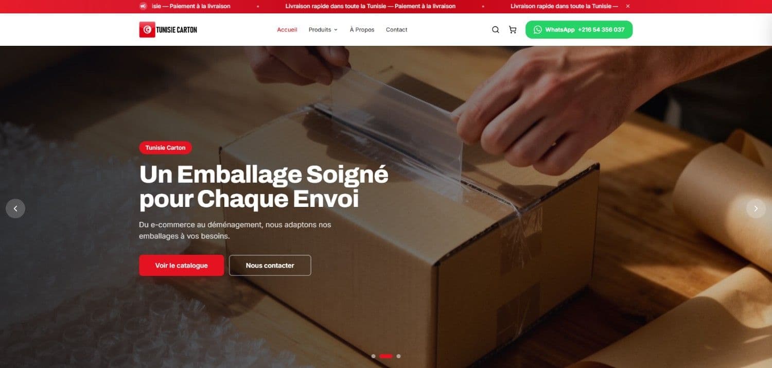 Tunisie Carton - Site E-commerce développé par Velorex Digital Tunisie
